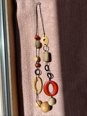 Boho Wooden & Rattan Long Pendant Necklace - Red, Tan, Natural